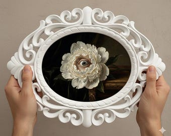 Handcarved Rosewood Frame Peony Evil Eye Painting, Cottagecore Decor