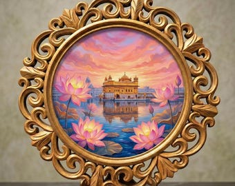 Meditation Room Art | Golden Temple Lotus Painting | 18" Round Hand Carved Rosewood Frame | Zen Yoga Studio Decor | Spiritual Sikh Art