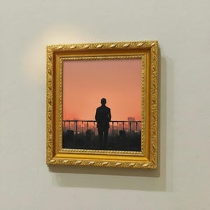 Puede incluir: Una obra de arte enmarcada que presenta la silueta de una persona de pie en un balcón, con vistas a un paisaje urbano al atardecer. La pintura está enmarcada en un marco dorado y ornamentado, montado en una pared blanca. El cielo es un degradado de naranja y rosa.