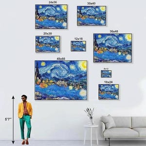 Size guide chart showing available framed art print dimensions from 8x10 to 48x66 inches with wall scale reference and room display examples