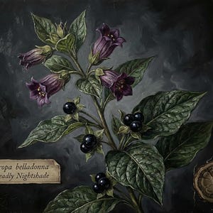 May include: An oil painting of a Deadly Nightshade plant, featuring dark purple bell-shaped flowers, green leaves, and black berries. The painting has a dark, textured background and includes a label with the plant's name.