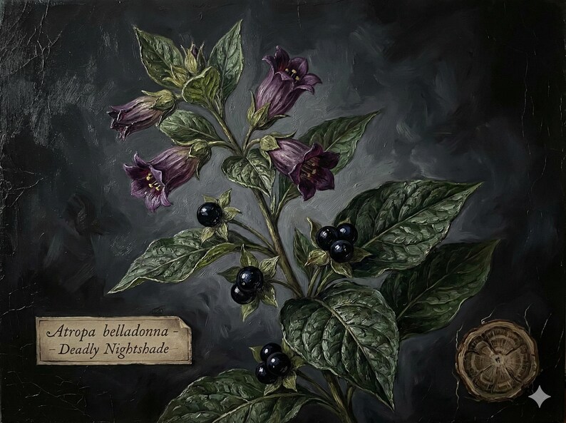 May include: An oil painting of a Deadly Nightshade plant, featuring dark purple bell-shaped flowers, green leaves, and black berries. The painting has a dark, textured background and includes a label with the plant's name.