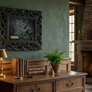 May include: A dark wooden desk with a brass lamp, books, and a fern in a terracotta pot. A framed botanical print hangs on the green wall. A fireplace with a burning fire is in the background.