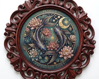Ascendant Tides" Zodiac Wall Art | 18" Carved Rosewood Frame | Mystical Koi Fish & Lotus Home Decor