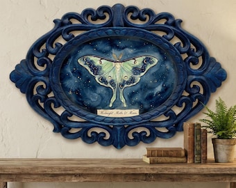 Luna Moth Watercolor Art in Hand-Carved Baroque Rosewood Frame, 14"