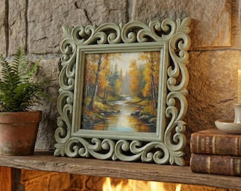 Autumn Gift for Nature Lovers, Fall Brook Landscape Art Print, Living Room Wall Decor, Hand Carved Rosewood Frame, Cottage Home Decor
