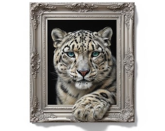 Snow Leopard 3D Optical Illusion Art, Carved Mountain Frame, Wildlife Wall Decor