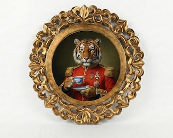 Hand-Carved Tiger Portrait | Maximalist Regency Art, Antique Gold Frame