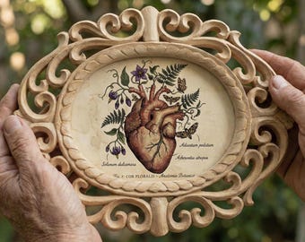 Anatomical Floral Heart Art – Vintage Illustration in Hand-Carved Rosewood Frame