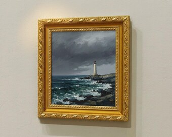 Lighthouse Oil Painting | Impasto Stormy Seascape with Gold Frame