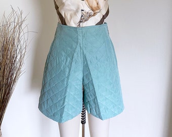 Vintage Silk Quilted Shorts, High Waisted, Green, 27" Waist