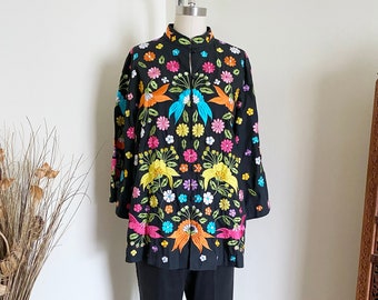 Vintage 70's Embroidered Cotton Jacket, Boho Style, Bright Colors, Bell Sleeves