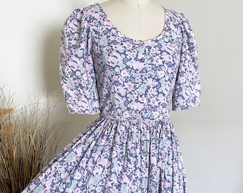 Vintage Laura Ashley Cotton Dress, Floral Pattern, Flared Bottom