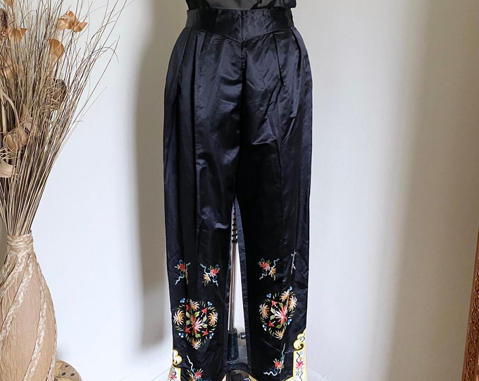 Vintage Silk Pajama Pants, Floral Embroidered, Side Closure, Elastic ...