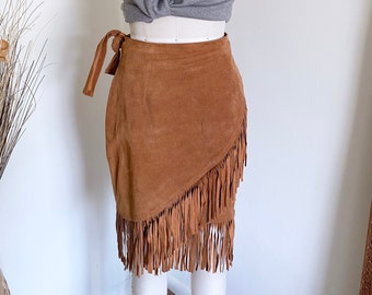 Vintage Suede Wrap Skirt, Fringe, Lillie Rubin, Designer Vintage, Medium