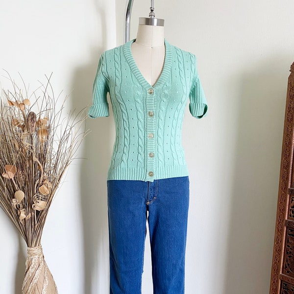 Vintage Mint Cardigan Top, Stretch Knit, XS