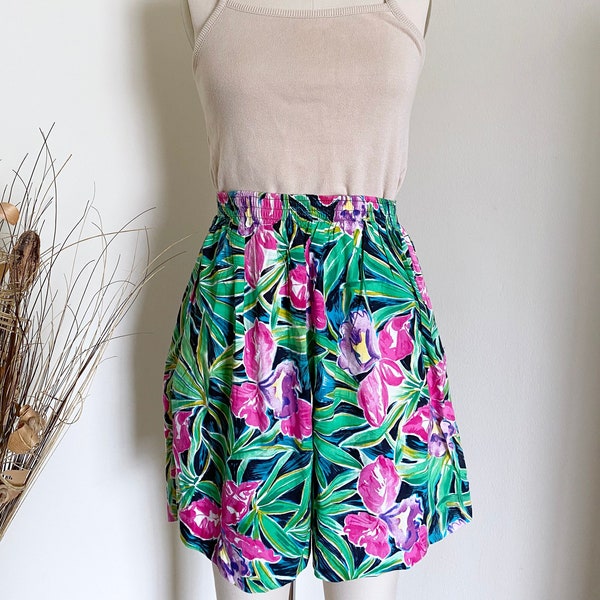 Vintage Floral Shorts, Cotton Blend, Elastic Waist, M