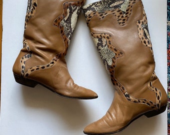 80's Vintage Boots, Leather Snakeskin Boots, Low Heel, Phyllis Poland, 6 6.5 Narrow
