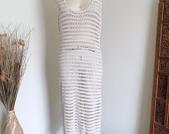 Vintage Natural Cotton Crochet Dress, 90's Vintage, Sheer, S M