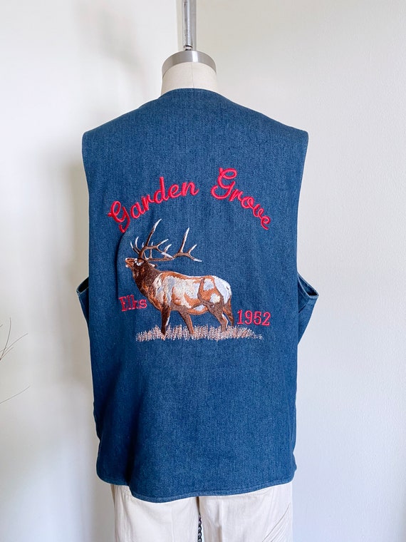 Vintage Mens Denim Vest, Embroidered Vest, Elks L… - image 3