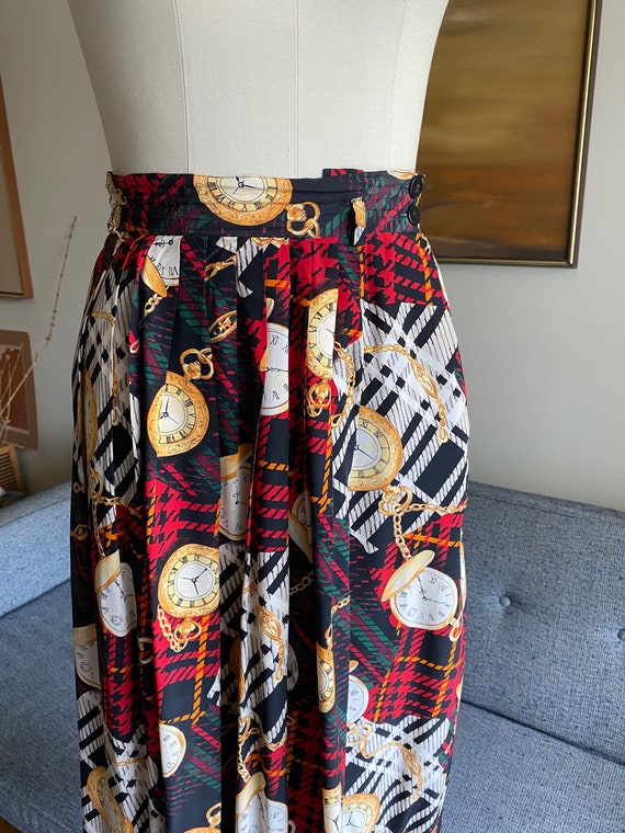 Vintage Silk Printed Skirt, High Waisted, Clock P… - image 3