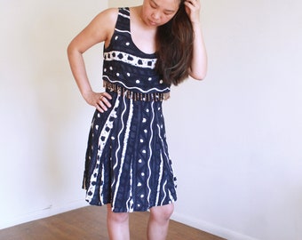 Vintage 90's Tank Dress, Abstract Print, Beaded Dress, Blue and White, M