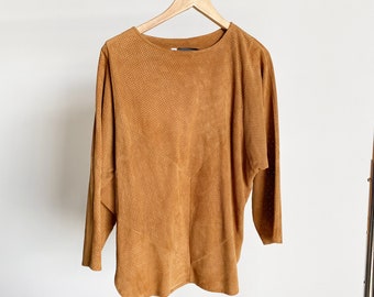 Vintage Brown Suede Top, Perforated, Tunic Blouse, S M