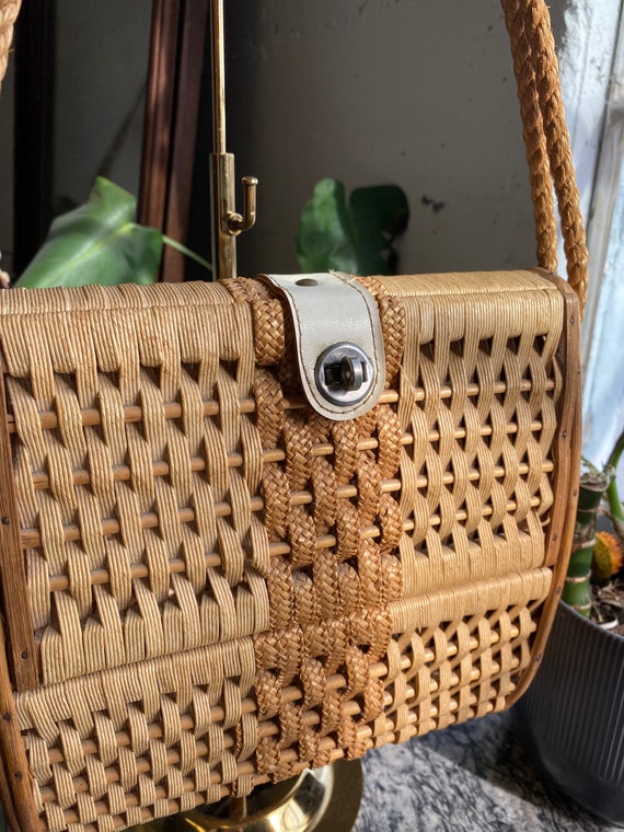 Vintage Wood Purse, 60's Basket Purse, Brown and … - image 2