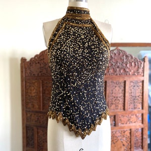 Vintage 90’s Beaded High Neck Blouse, Black and Gold, XS S