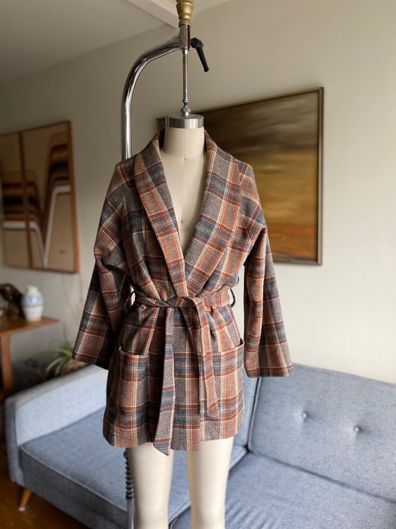 Vintage Wool Plaid Wrap Jacket, Shawl Collar, Time