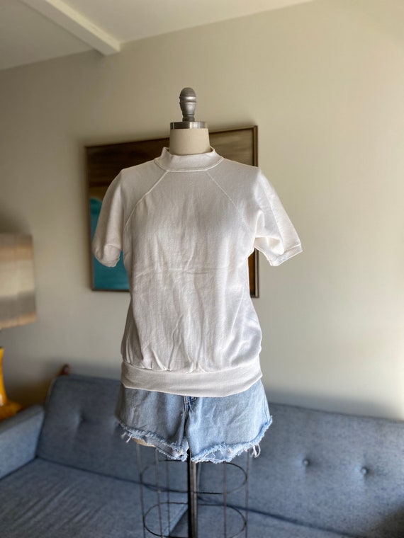 Vintage White Short Sleeve Sweatshirt Top / 80's V