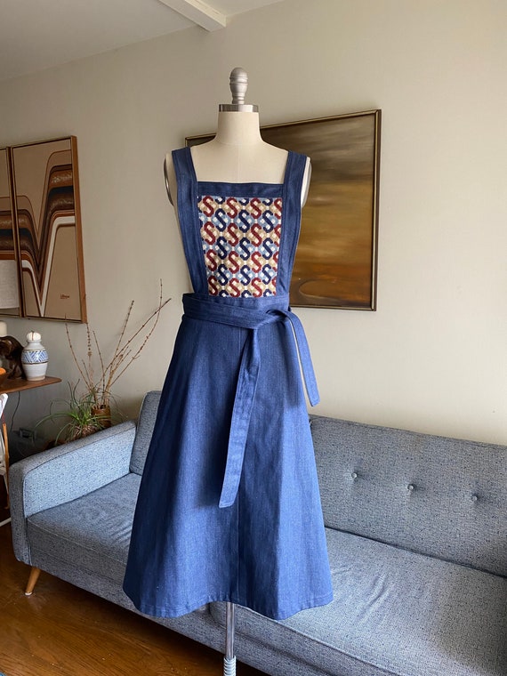 70's Denim Wrap Dress / Apron Dress / Needlepoint