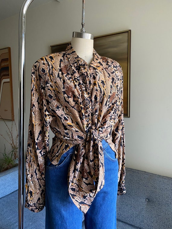 Vintage Silk Abstract Blouse, Leopard Printed Blou