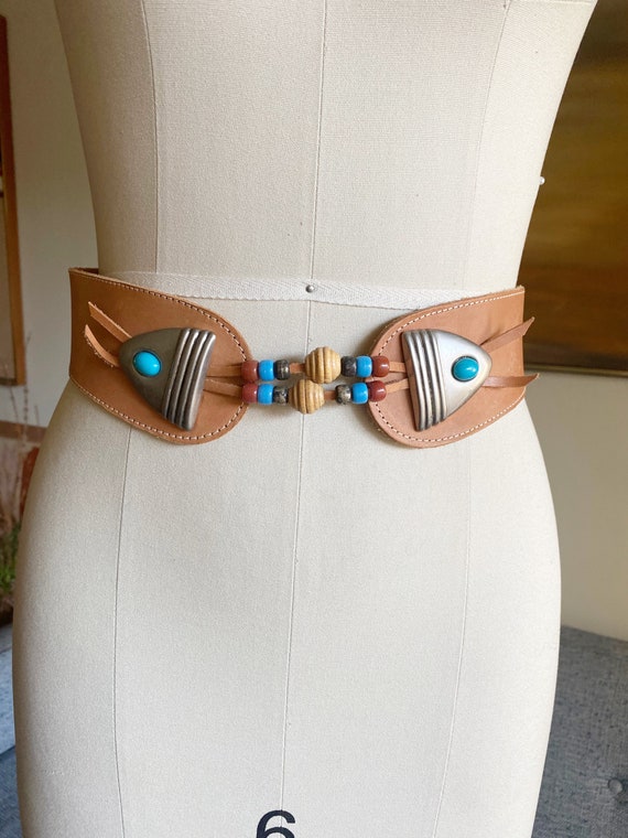 Vintage Leather and Beaded Belt, High Waisted Bel… - image 3