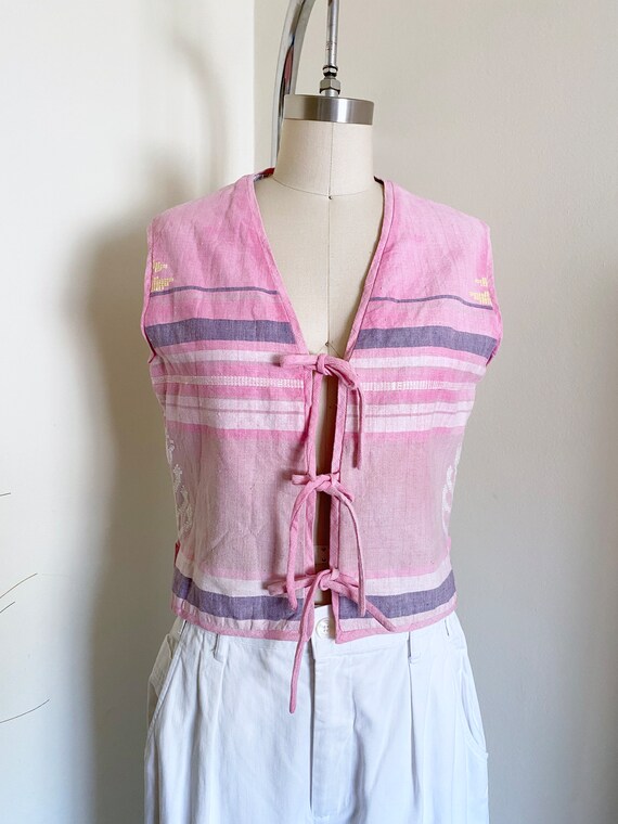 Vintage Pink Indian Cotton Vest, Lace Tie Vest, H… - image 5