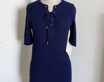 Vintage 70's Navy Lace Up Top, Tunic Length, Hippie Boho Style S M L