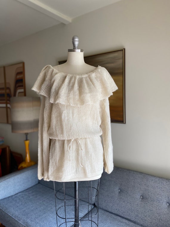 Vintage Ruffle Off The Shoulder Sweater / Puff Sle