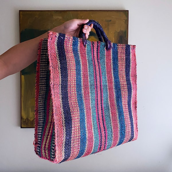 Vintage Woven Jute Bag, Large Tote Bag, Natural Fibers