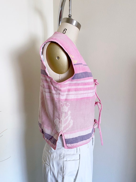 Vintage Pink Indian Cotton Vest, Lace Tie Vest, H… - image 3