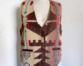 Vintage 90's Blanket Style Vest, Southwestern Style, Leather Trim, S M