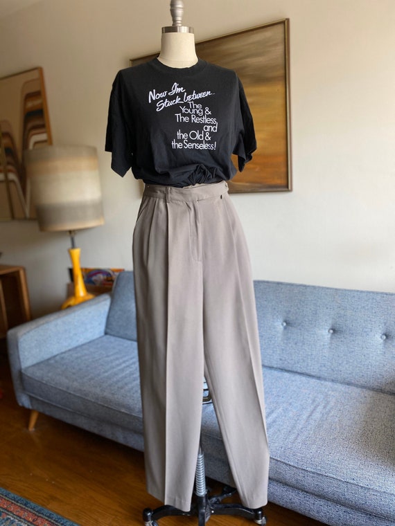 Vintage Taupe Trousers / Crepe Pants / HIgh Waiste
