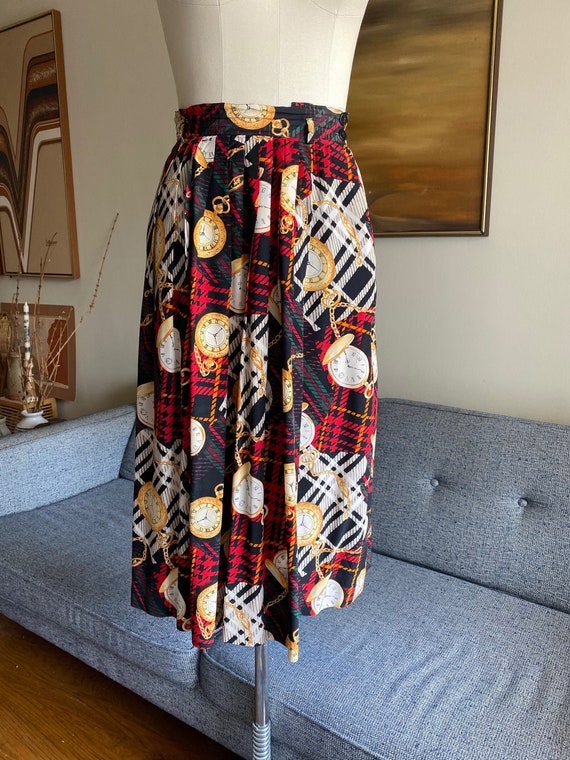 Vintage Silk Printed Skirt, High Waisted, Clock Pa