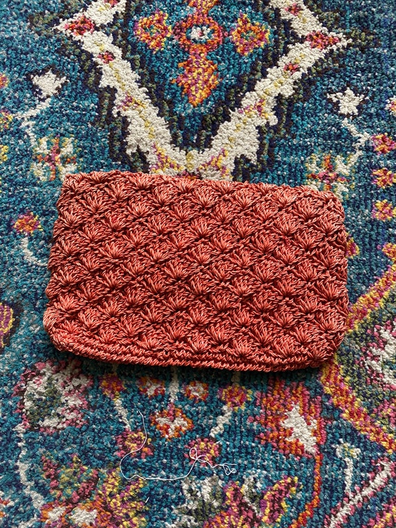 60's Vintage Woven Straw Clutch, Coral, Mid Centu… - image 3