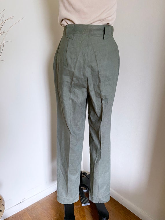 Vintage High Waisted Olive Trousers, Cotton and L… - image 2