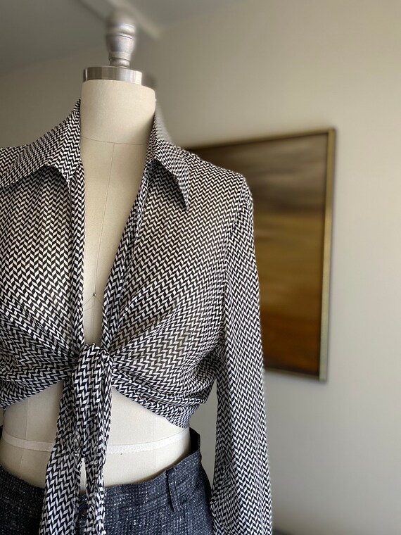 Vintage Silk Sheer Tie Blouse / Chiffon Blouse / M