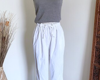 Vintage White Cotton Pants, Drawcord Waist, Petite Length, S M