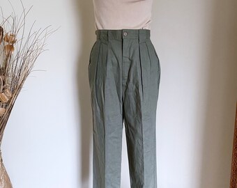 Vintage High Waisted Olive Trousers, Cotton and Linen, 27" Waist