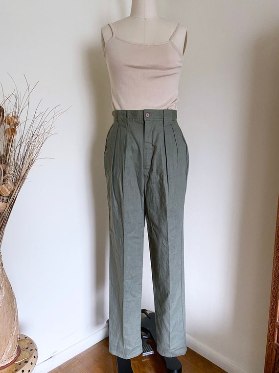 Vintage High Waisted Olive Trousers, Cotton and L… - image 1