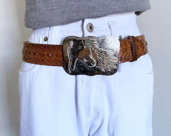 Vintage Leather Belt, Horse Buckle, Western Style, 30"-34" waist