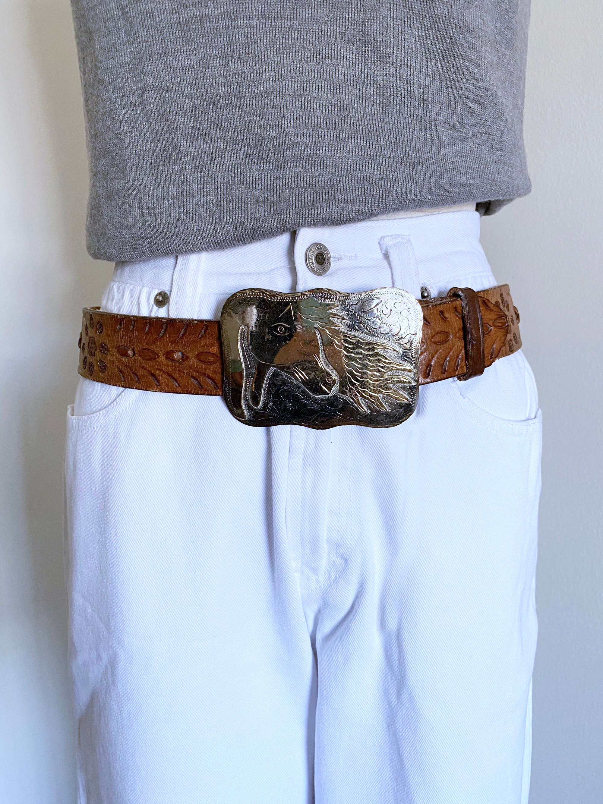 Vintage Leather Belt With a Horse Buckle, Western Style, 30  display picture 3